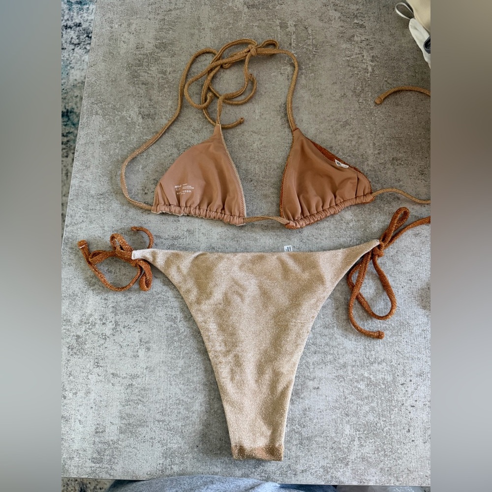 aerie Two-Tone Shimmery Triangle Bikini in Rust & Sand - Picture 4 of 4
